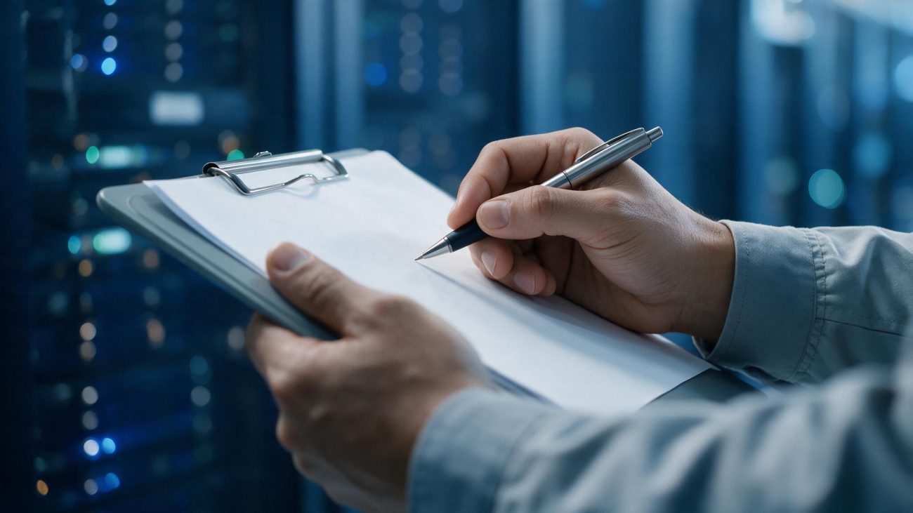 Technician writing on a clipboard in a data centre facility