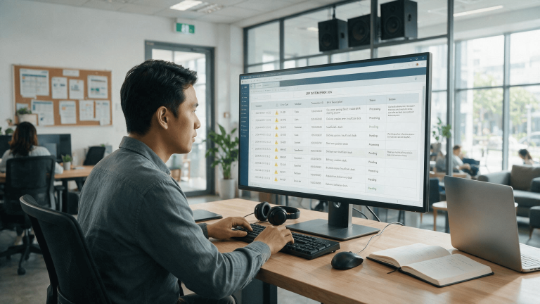 Asian analyst providing application managed services, reviewing an ERP error log in a Malaysian office