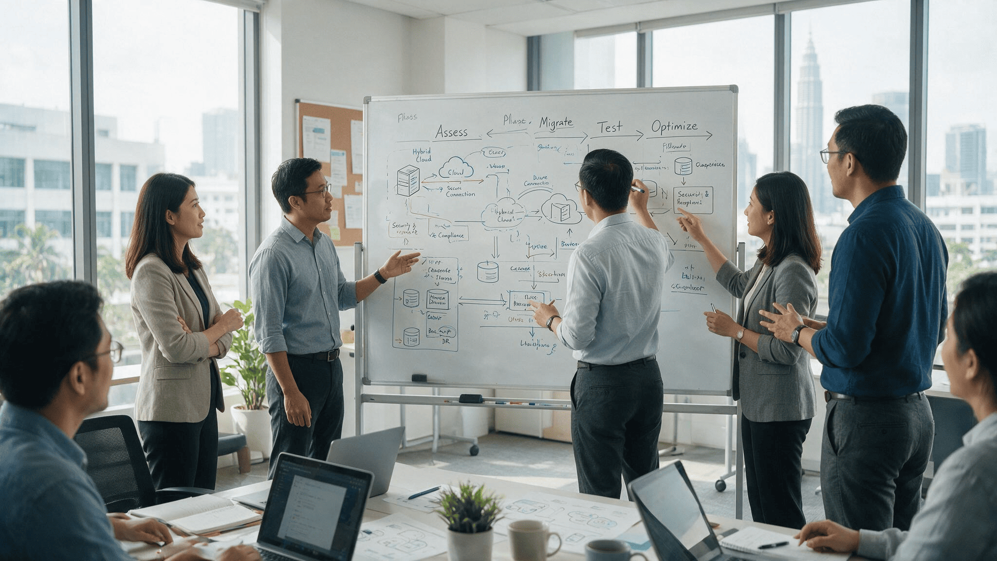 Asian cloud architects planning a cloud migration in Malaysia on a whiteboard in a Kuala Lumpur office