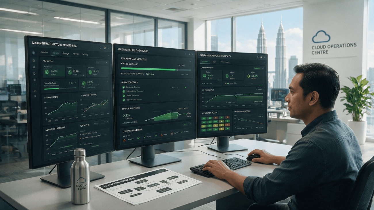 Asian engineer monitoring cloud infrastructure dashboards during a system migration