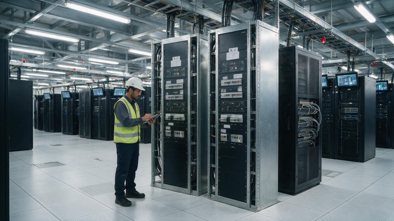 Engineer inspecting redundant power distribution units in a Rated-3 data centre