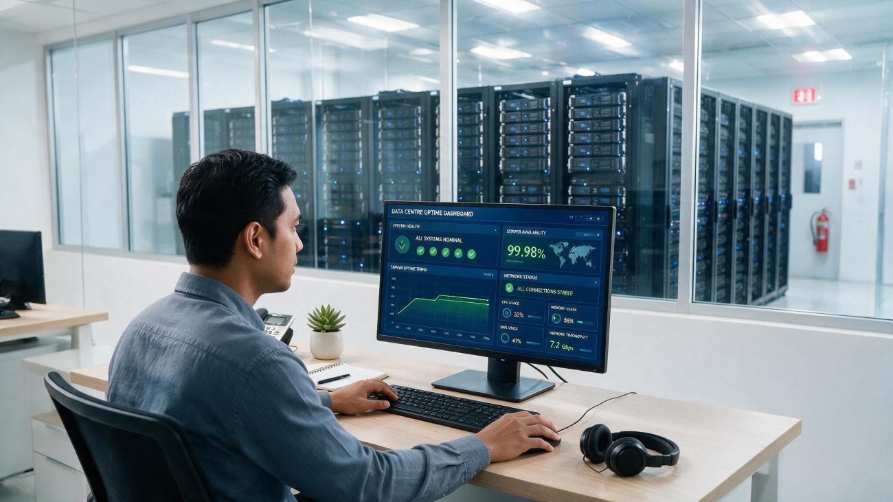 IT manager reviewing uptime of data center on a computer screen