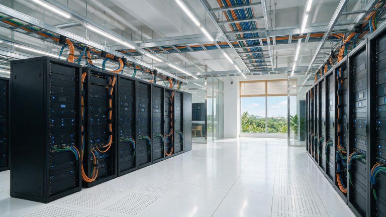 Rows of server racks with cable management in a colocation hall in Malaysia