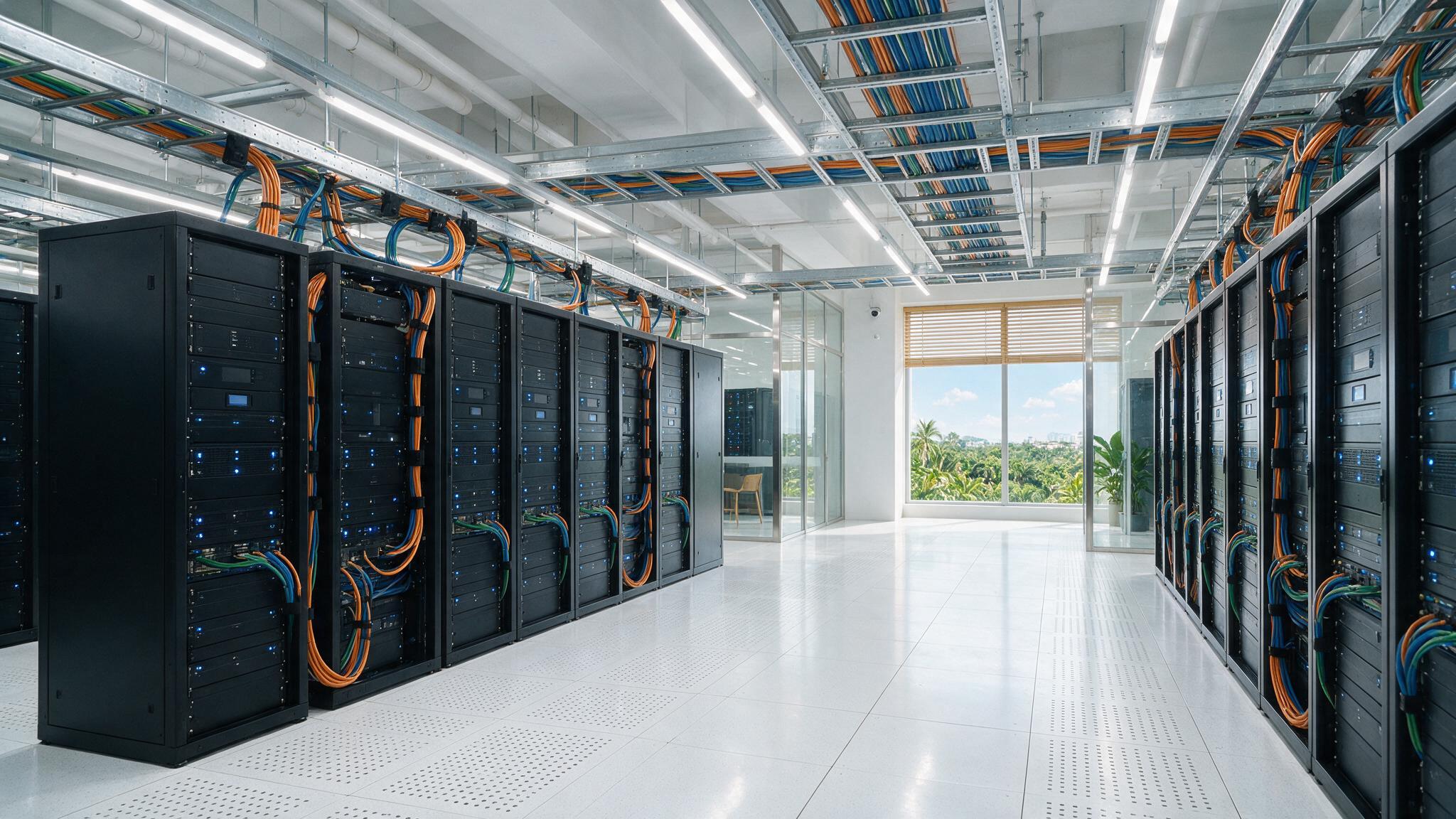 Rows of server racks with cable management in a colocation hall in Malaysia