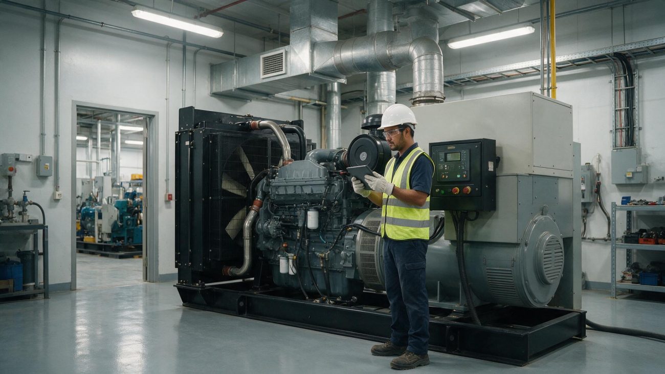 Facilities engineer checking a generator and switchgear in a plant room