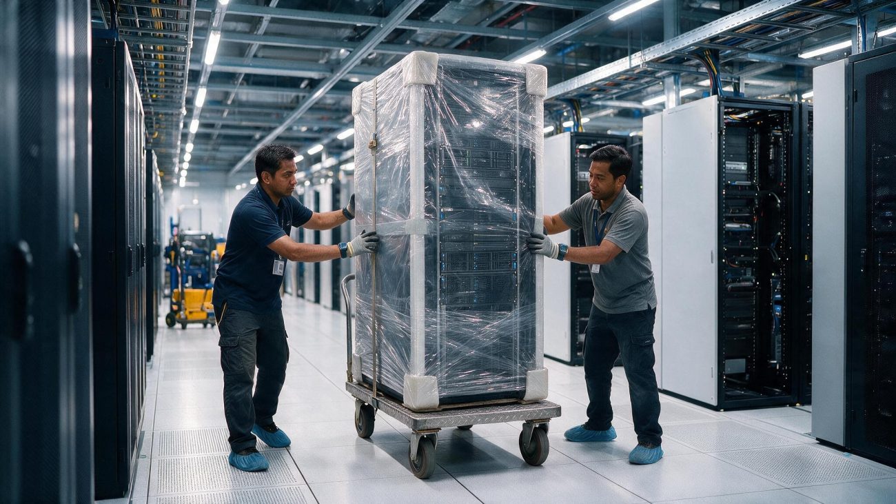 IT engineers moving server racks with anti-static wrapping during a data centre relocation