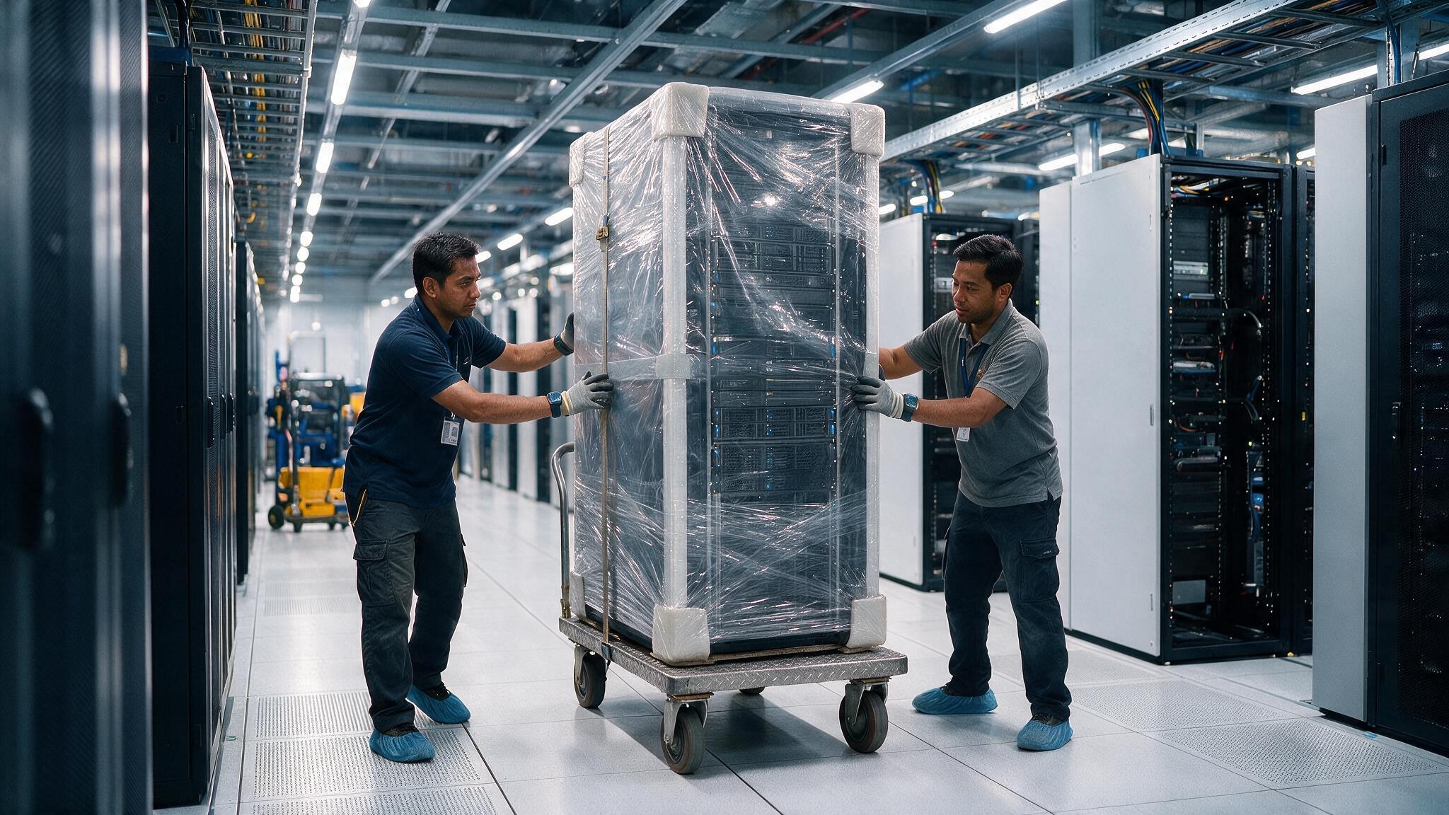 IT engineers moving server racks with anti-static wrapping during a data centre relocation