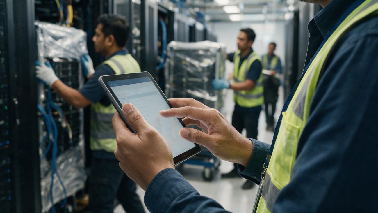 Project manager reviewing a data centre relocation runbook and checklist on a tablet