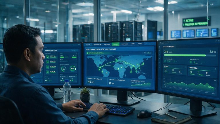 IT administrator monitoring a live failover dashboard during a disaster recovery test