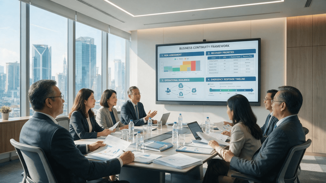 Asian executives discussing a business continuity plan in Malaysia during a boardroom meeting