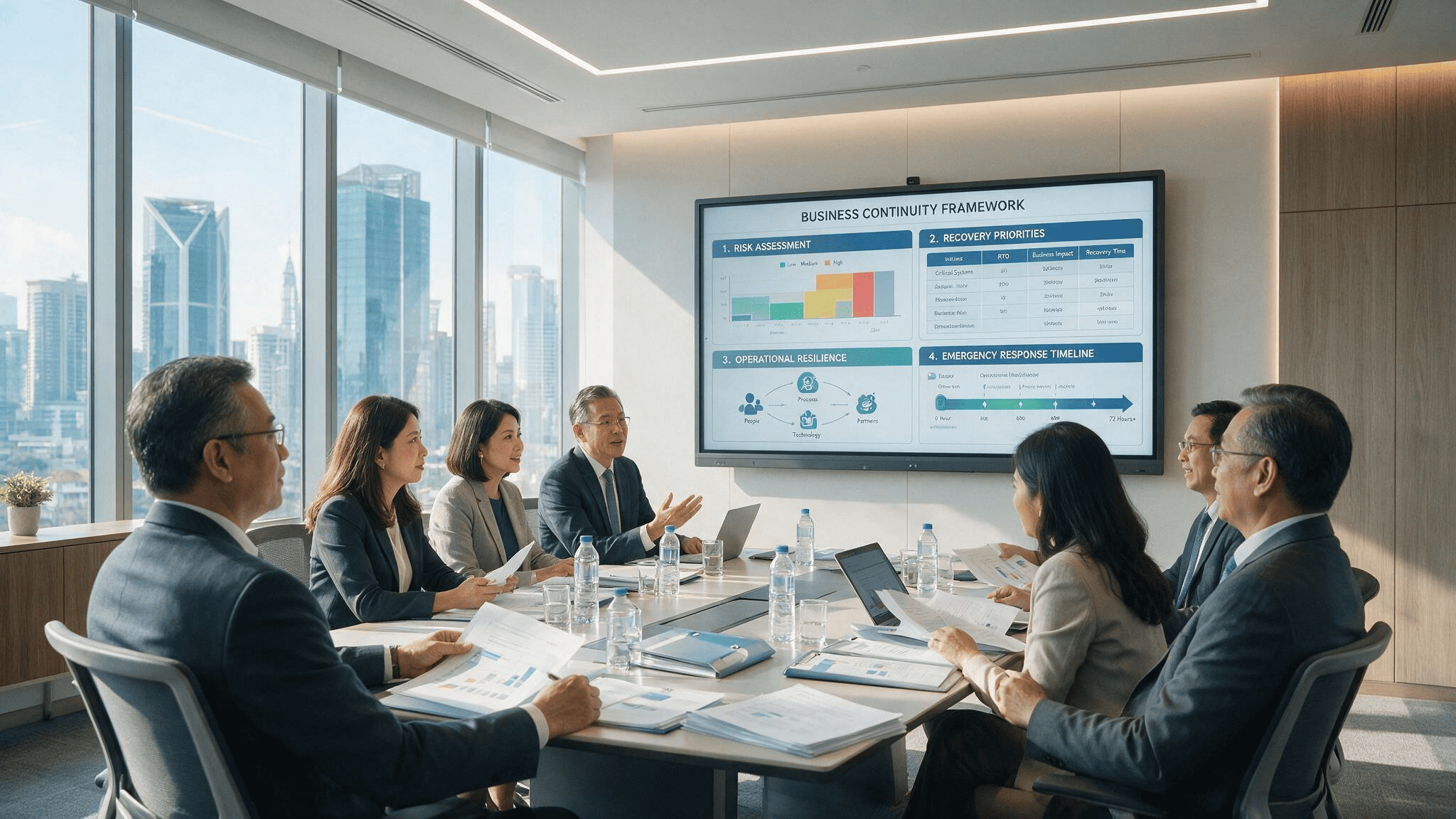 Asian executives discussing a business continuity plan in Malaysia during a boardroom meeting