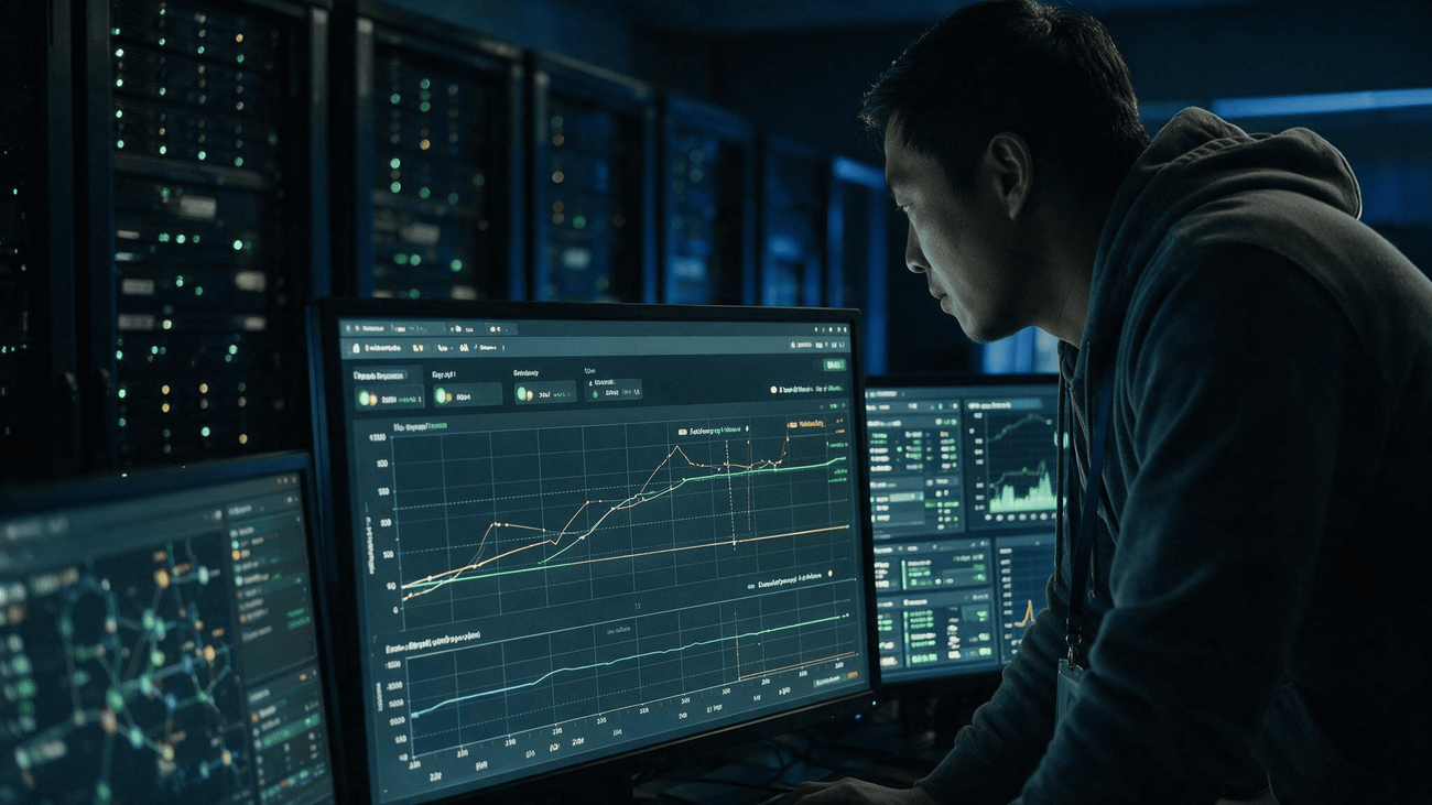 Asian IT engineer checking data replication status on a monitor in a network operations centre