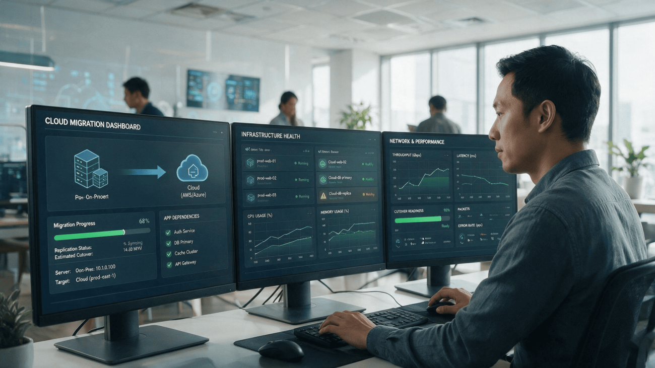 Asian engineer monitoring cloud infrastructure dashboards during a system migration