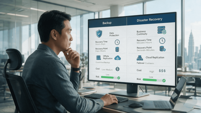 Asian IT manager comparing backup vs disaster recovery options at a desk in a Malaysian office