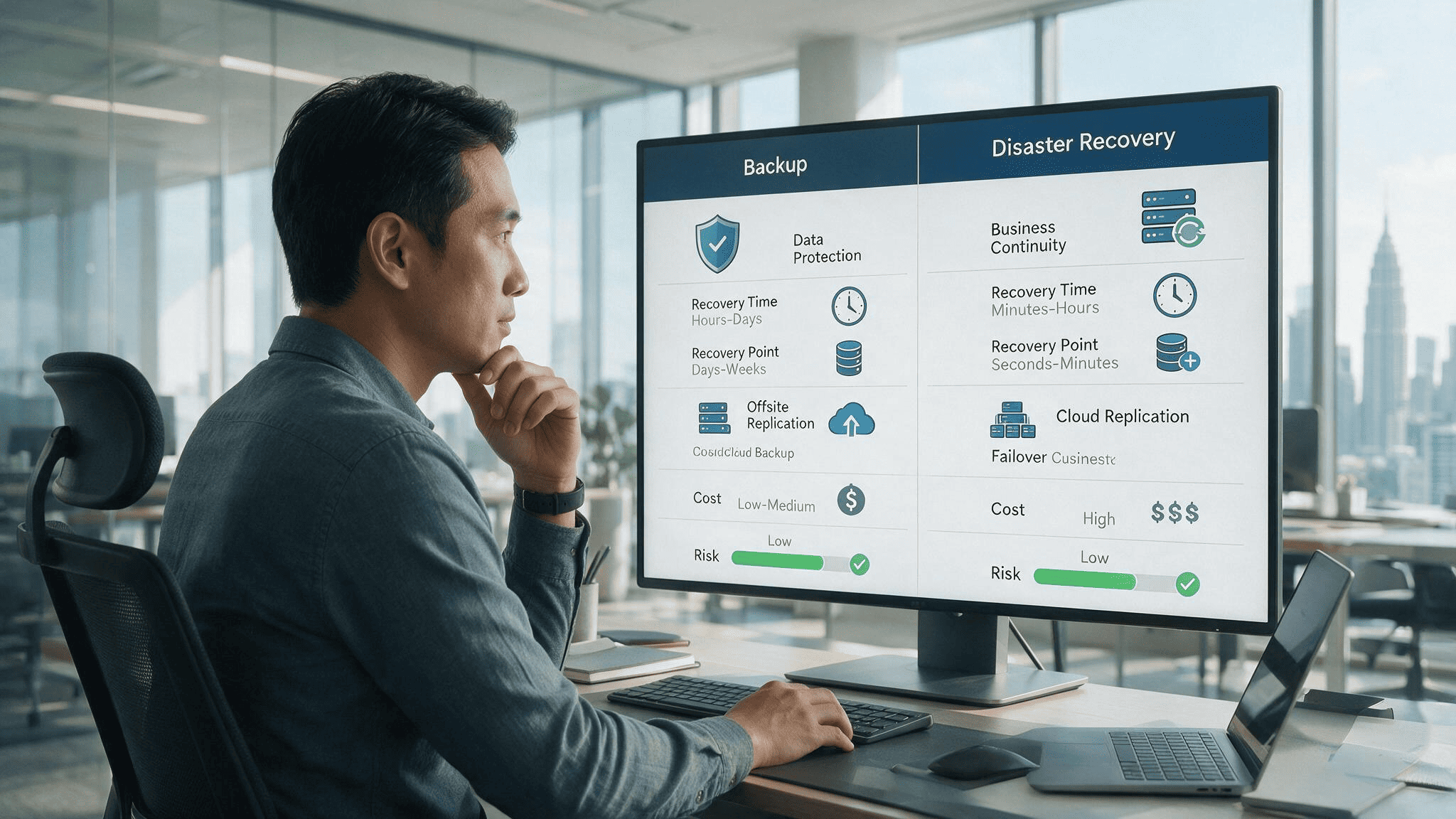 Asian IT manager comparing backup vs disaster recovery options at a desk in a Malaysian office
