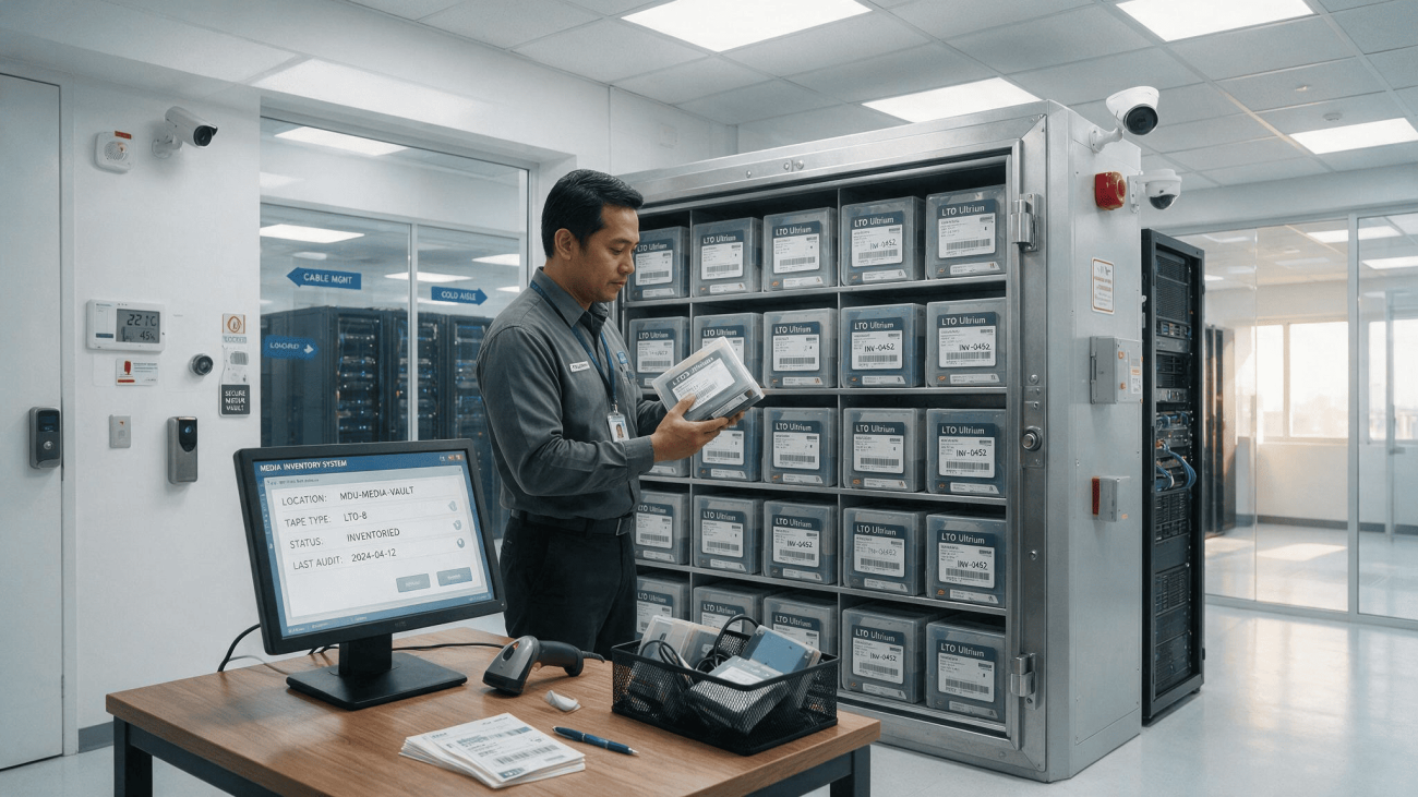 Asian data centre technician handling backup tape cartridges in a secure media storage room