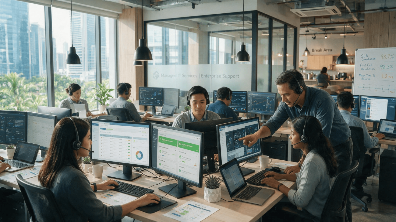 Asian service desk team at a managed service provider in Malaysia supporting enterprise clients