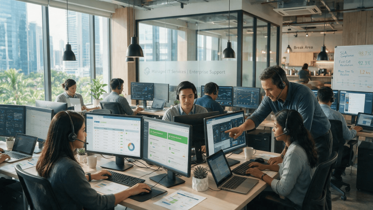 Asian service desk team at a managed service provider in Malaysia supporting enterprise clients