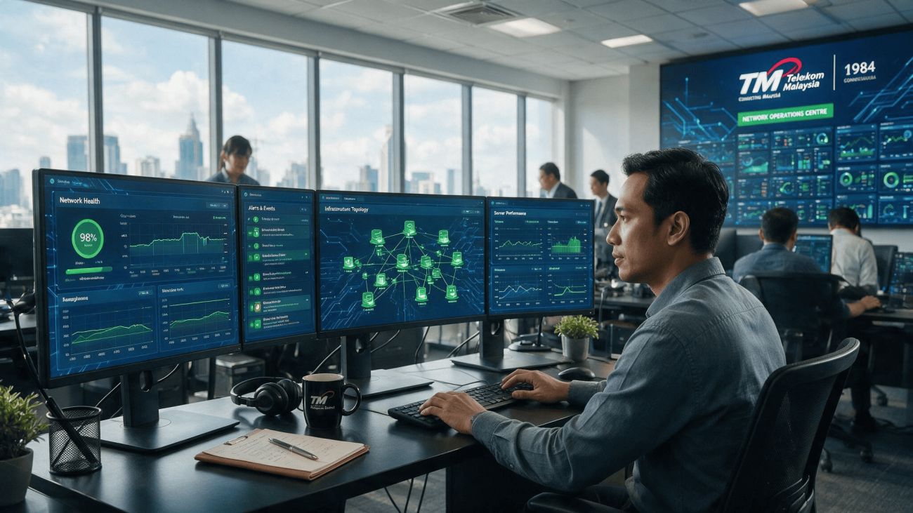 Asian network engineer reviewing infrastructure monitoring dashboards on multiple screens