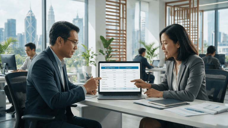 Asian IT manager and finance colleague comparing managed IT services in Malaysia against in-house costs on a laptop