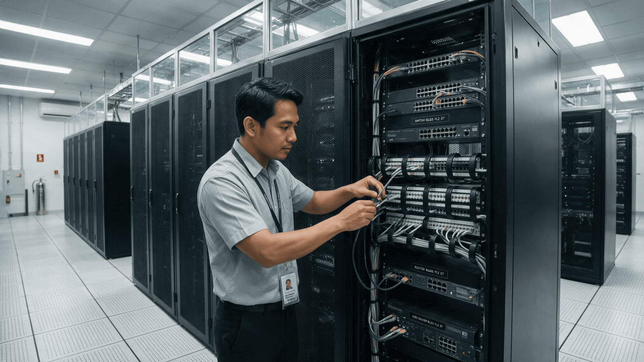 Asian systems engineer working on network equipment in an enterprise server room