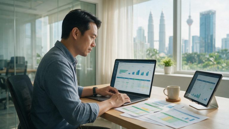 Asian IT manager comparing cloud service provider proposals on a laptop in a Malaysian office