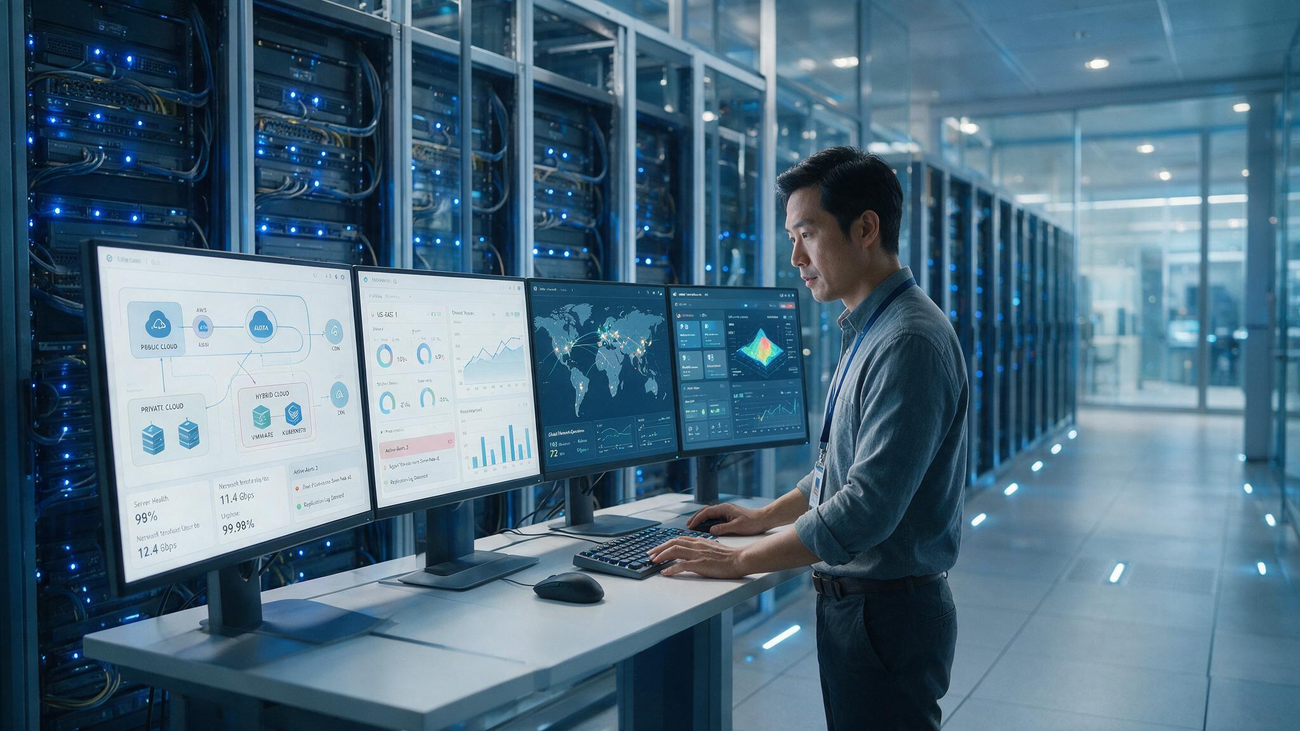 Technician monitoring multi-cloud infrastructure dashboards in a data centre
