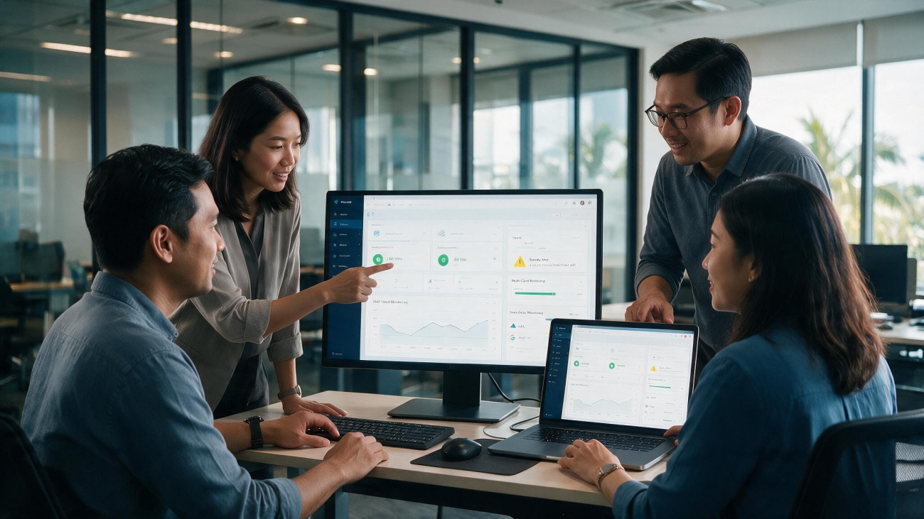 Asian IT team reviewing a managed cloud services dashboard in a Malaysian office