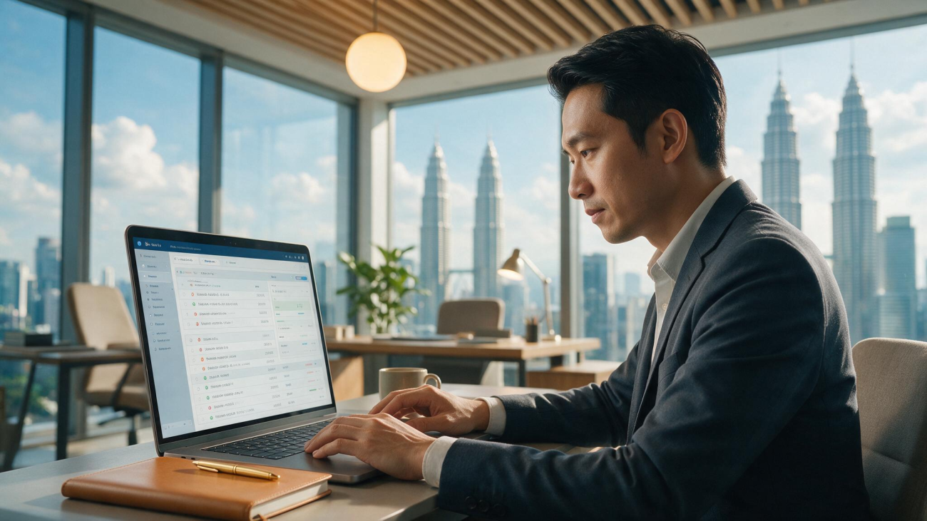 Compliance officer reviewing audit logs on a laptop in a Malaysian office
