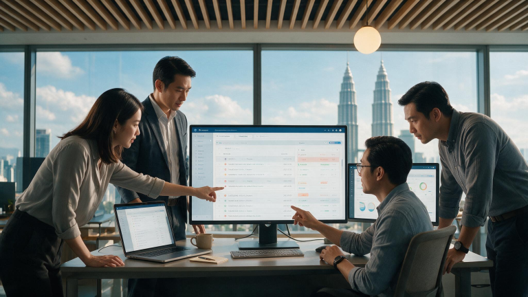 IT service management team monitoring incident tickets on a dashboard in a Malaysian office