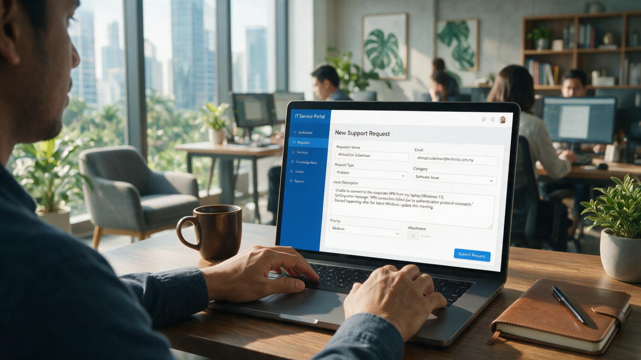 Malaysian office worker submitting an IT service request on a laptop