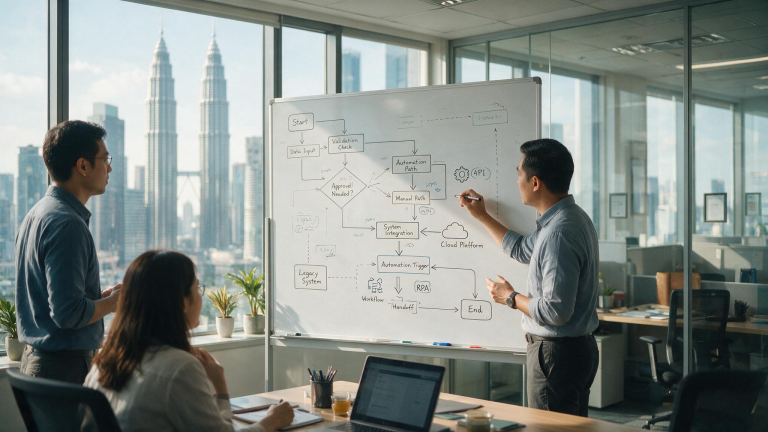 Operations manager mapping business process automation workflows on a whiteboard in a Malaysian office