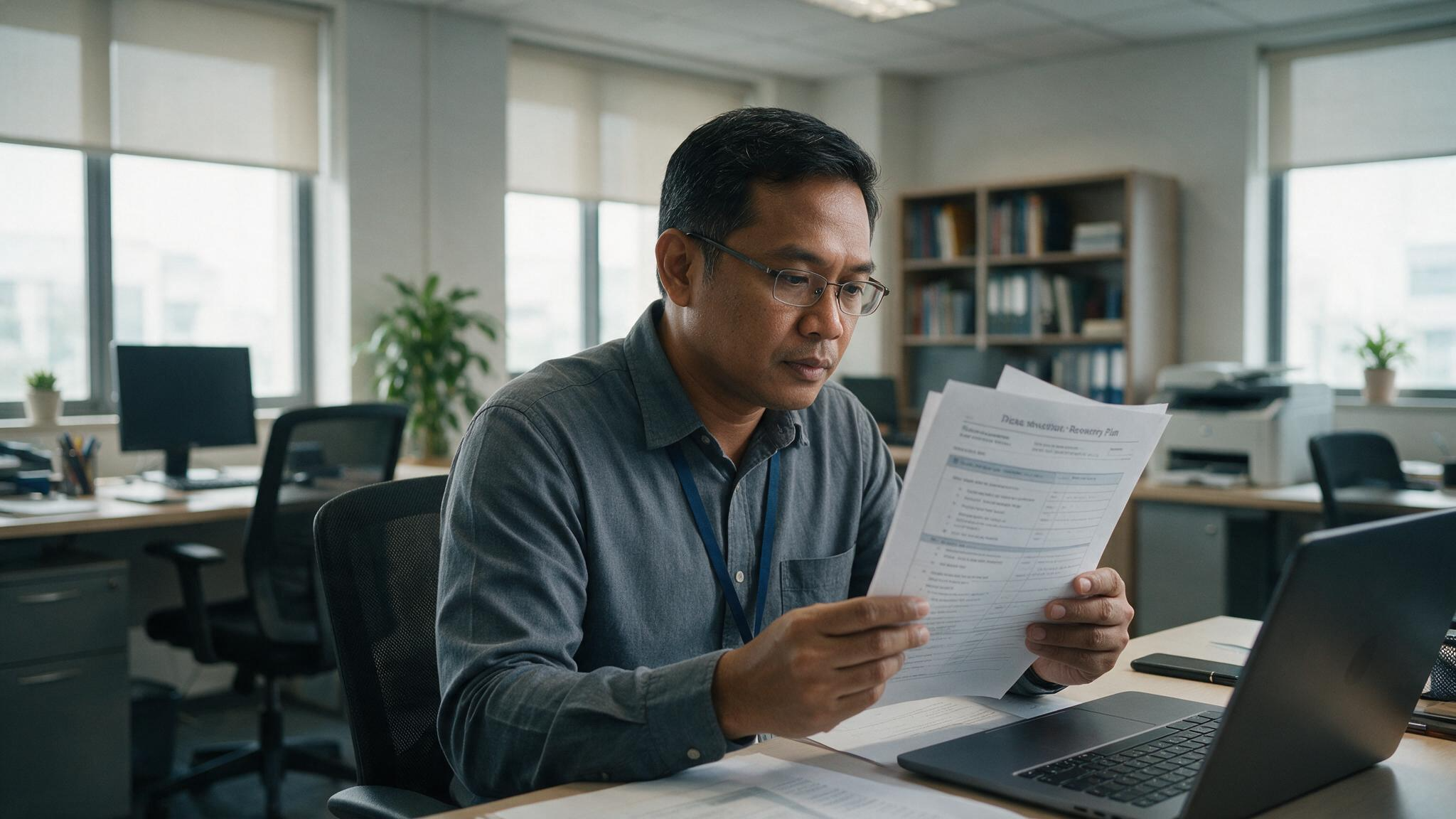 IT manager reviewing a disaster recovery plan document in a Malaysian office