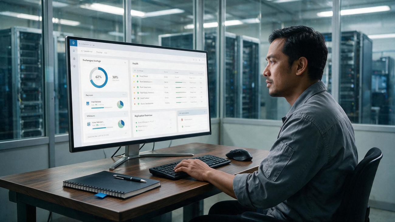 Malaysian data centre technician checking backup and replication status on a monitor