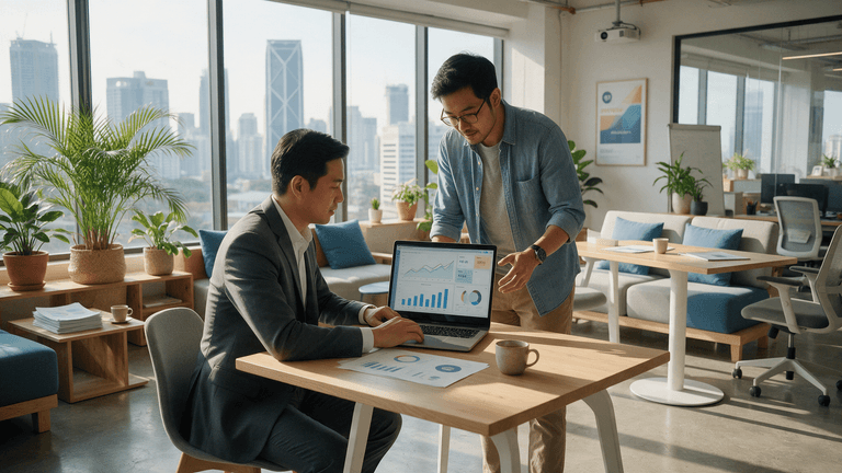 Asian business manager and data analyst reviewing charts on a laptop together in a Malaysian office