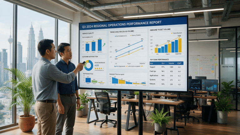 Asian operations manager and analyst discussing a performance report on a screen in a Malaysian office