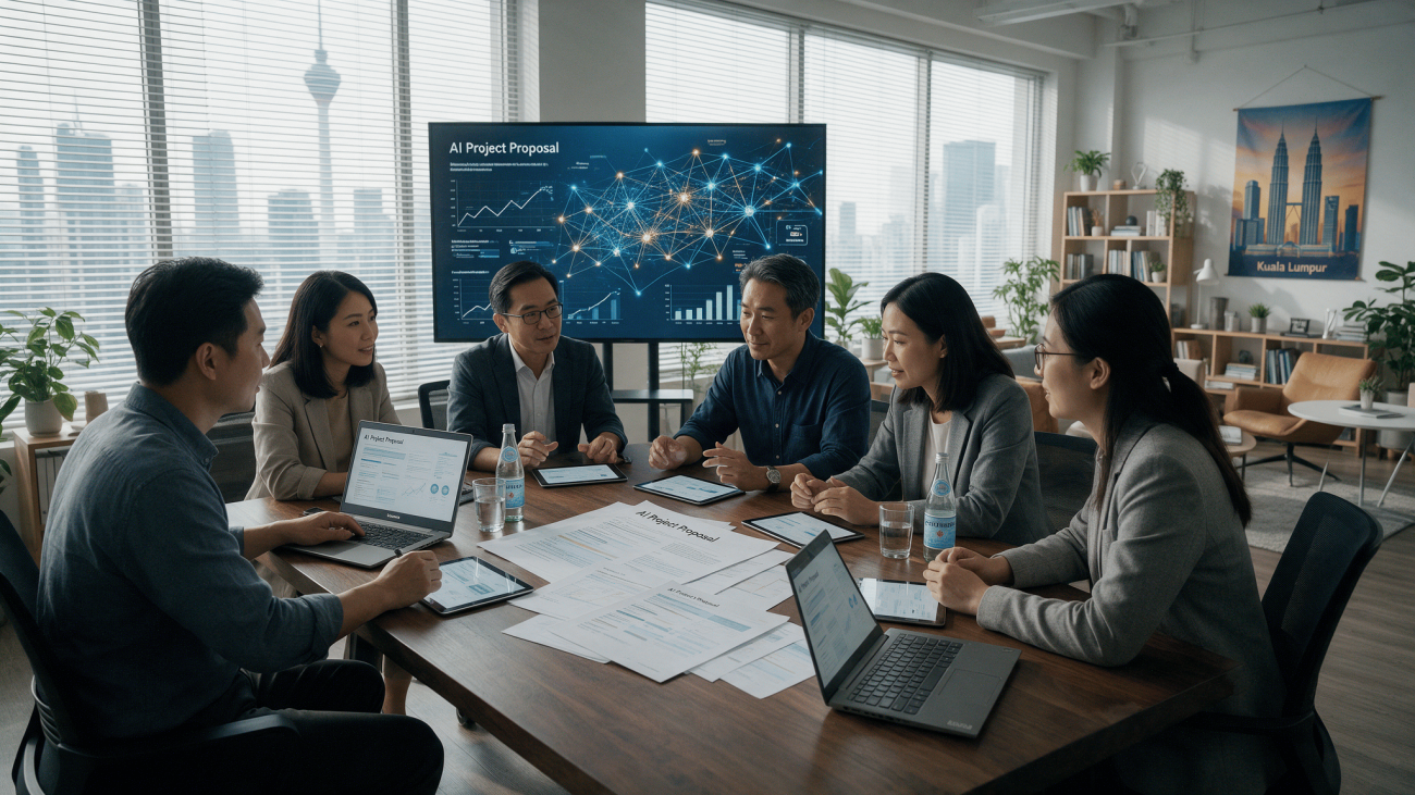 Asian executive team discussing an AI project proposal around a meeting table in a Malaysian office
