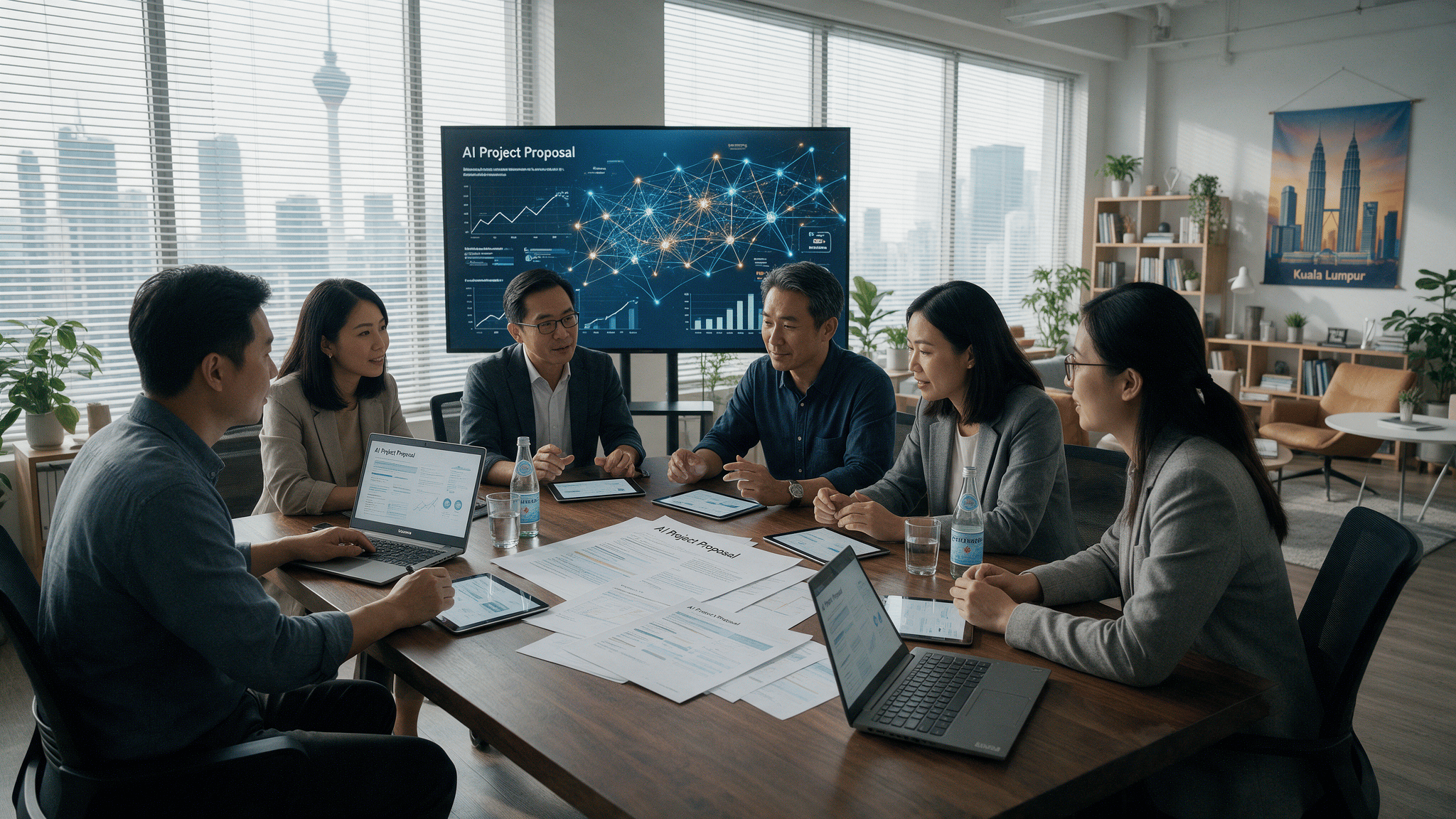 Asian executive team discussing an AI project proposal around a meeting table in a Malaysian office