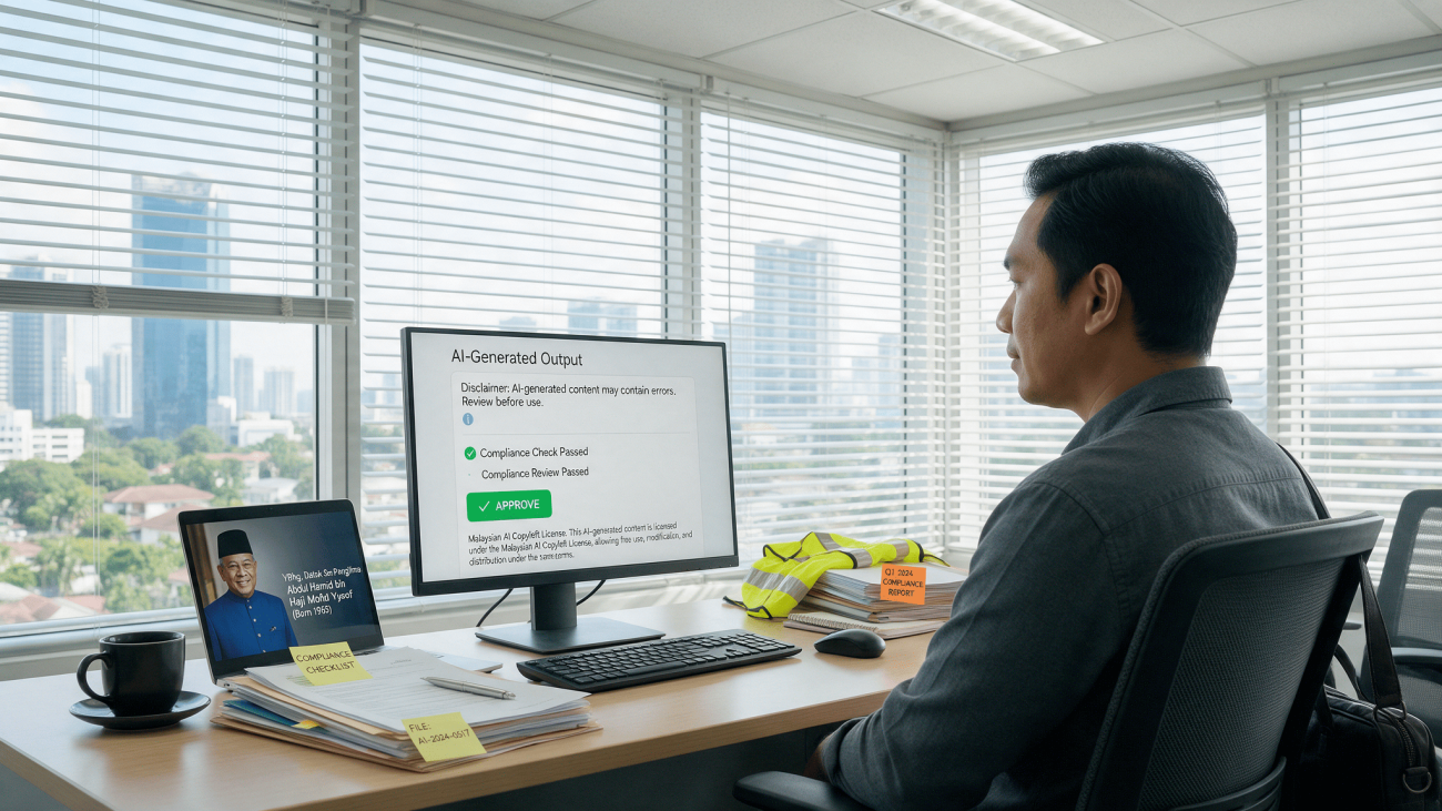 Asian compliance officer reviewing AI-generated output on screen before approving it in a Malaysian office