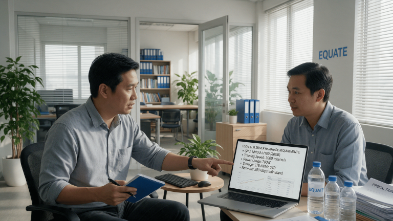 Asian IT manager and compliance officer discussing local LLM server hardware requirements in a Malaysian office