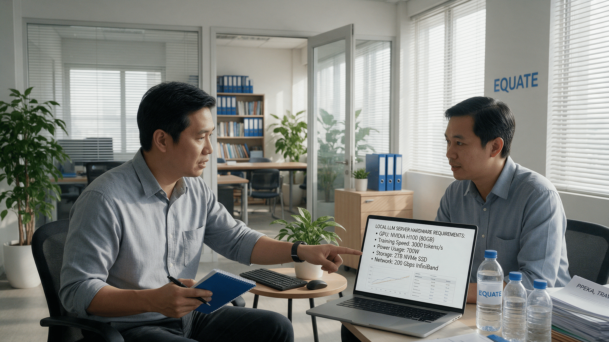 Asian IT manager and compliance officer discussing local LLM server hardware requirements in a Malaysian office