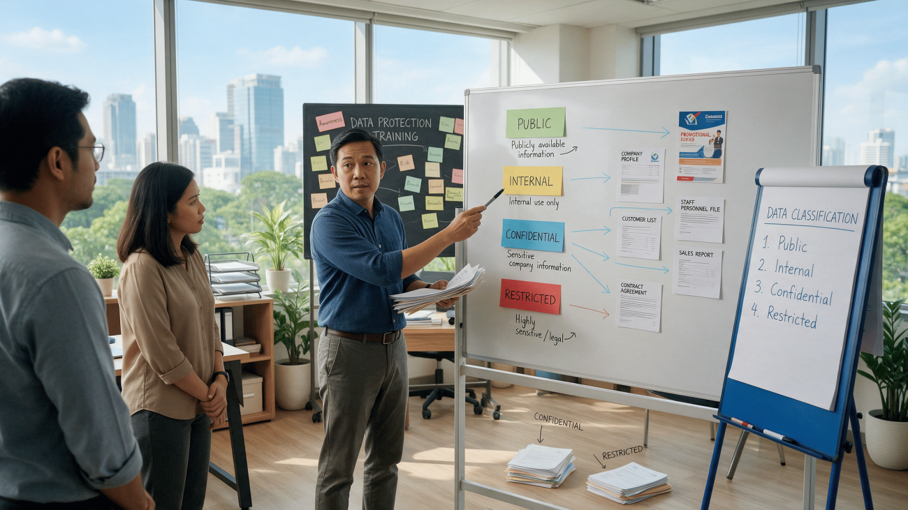 Asian data protection officer classifying document types on a whiteboard with colleagues in a Malaysian office
