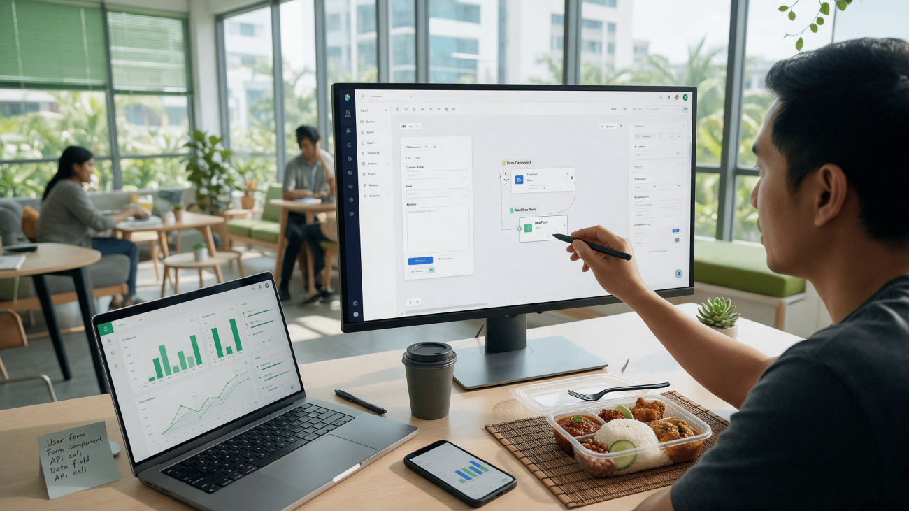 Asian business analyst and developer building a low-code application on a development platform together in a Malaysian office