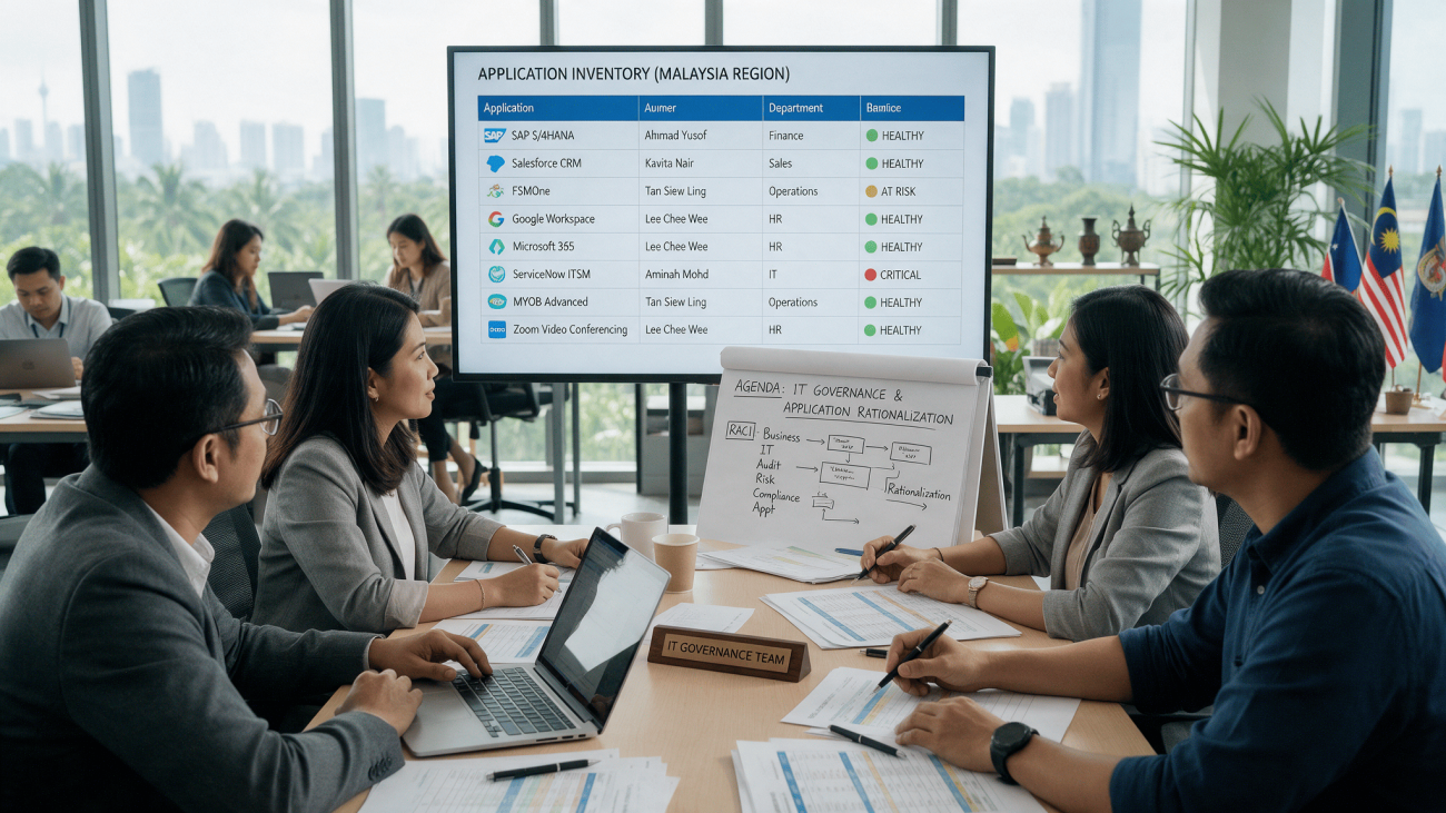 Asian IT governance team reviewing an application inventory on a screen during a meeting in a Malaysian office
