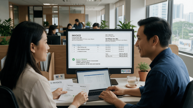 Asian finance manager and colleague reviewing a validated e-invoice on screen in a Malaysian office