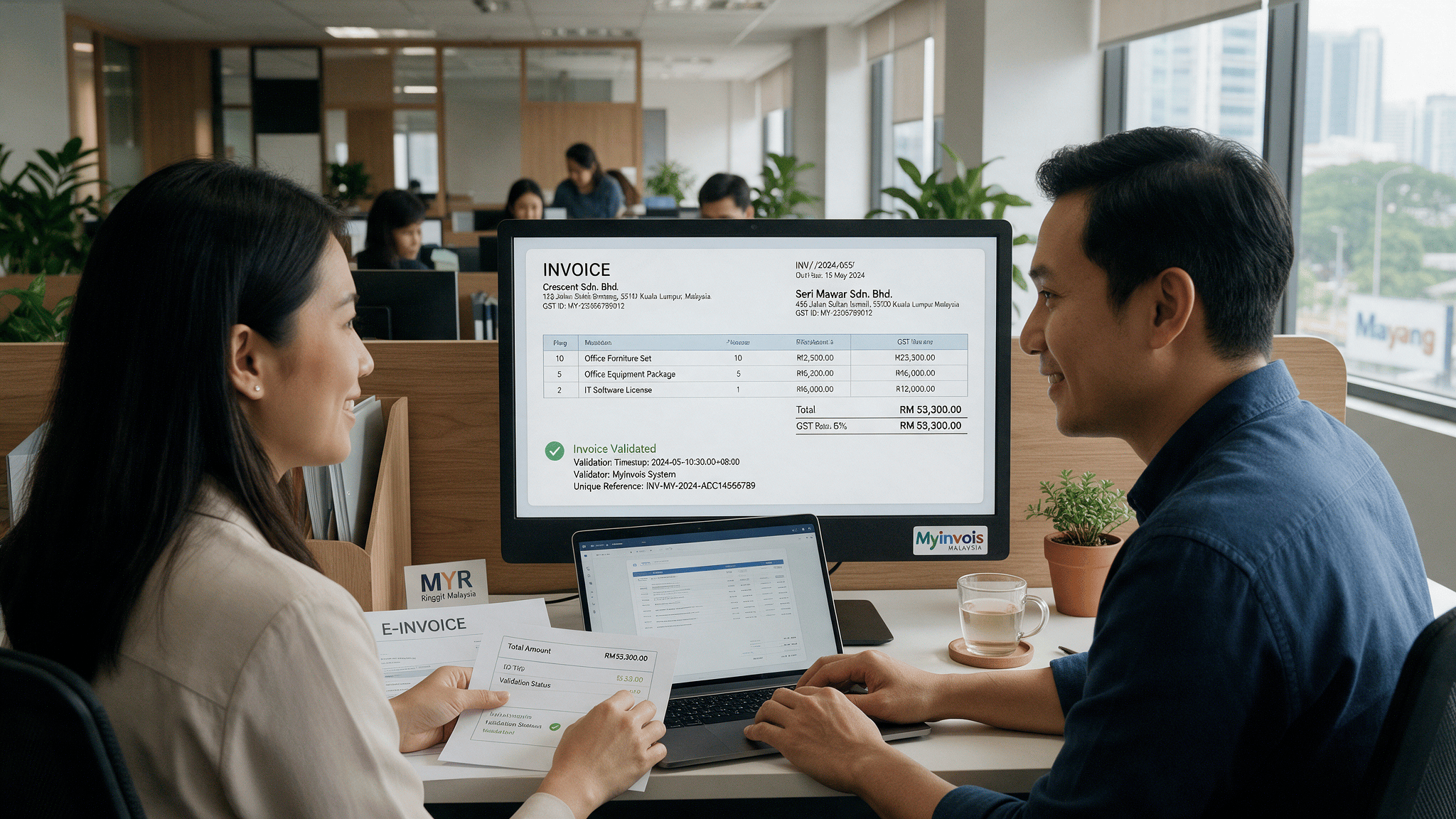 Asian finance manager and colleague reviewing a validated e-invoice on screen in a Malaysian office