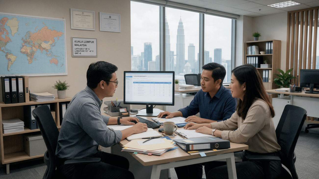 Asian accounts payable team checking supplier tax identification data on a computer in a Malaysian office