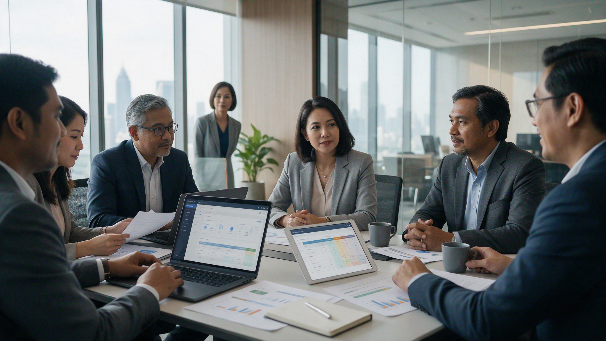 IT and finance leaders reviewing an enterprise business software shortlist around a boardroom table