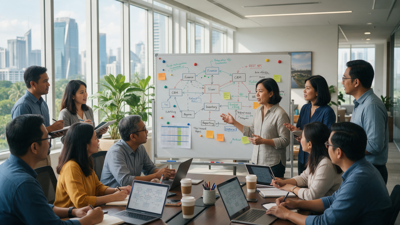 Project team mapping system integrations on a whiteboard during an ERP implementation