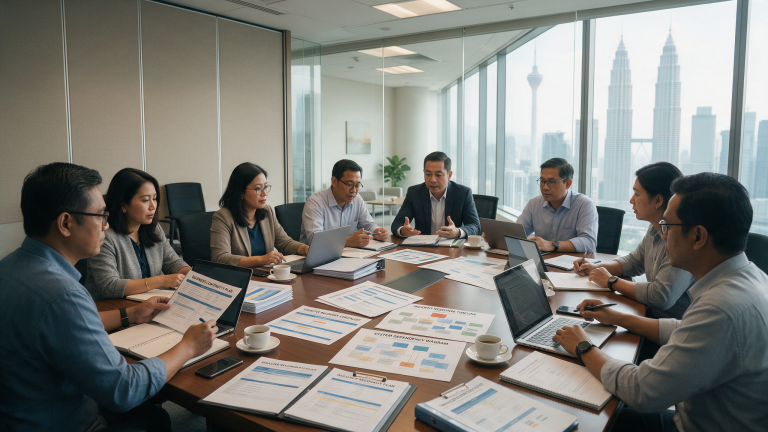 Business continuity team in Malaysia running a tabletop disaster recovery test around a conference table
